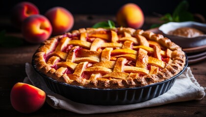 Tasty homemade peach pie on rustic wooden background, capturing country dessert vibes.
