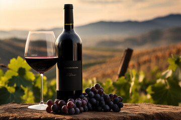 Glass of wine against the backdrop of a vineyard - obrazy, fototapety, plakaty