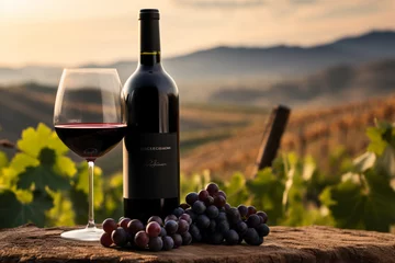 Dekokissen Glass of wine against the backdrop of a vineyard © uladzimirzuyeu