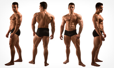 Four views of muscular shirtless male bodybuilder: back, front and profile shot, isolated on white background in studio shot - 678867513