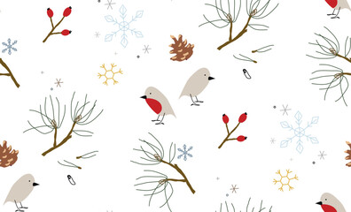 Seamless winter pattern with pine branches and birds