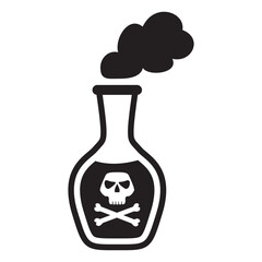 Glass poison bottle icon. Bottle with skull label.Poisonous chemical toxin with crossbones label.Outline vector illustration.Isolated on white background.Magic acid toxic. Toxic smoke.Venom liquid.

