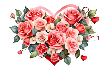 Colorful vibrant bouquet of roses in heart shape. Romantic, wedding, Saint Valentine's greetings. Watercolor style
