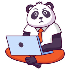 Online education panda bear training and courses. Animal bear kid doing homework on laptop.Laptop connect to internet study e-learning. Line art vector illustration.
