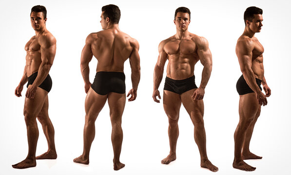 Four views of muscular shirtless male bodybuilder: back, front and profile shot, isolated on white background in studio shot