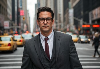 Young handsome Indian businessman with eyeglasses in the streets of New York, young, handsome,...
