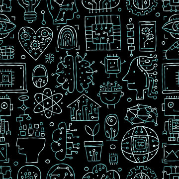Artificial intelligence concept art. Hand drawn design elements. Seamless pattern background for your design