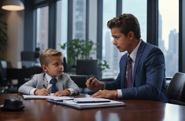 businessman and little boy working together at table in modern office, businessman, little boy, collaboration, modern office, working together, mentorship, teamwork, business partnership