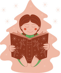 Little girl is reading a fairy tale book in Christmas