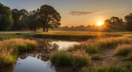 A tranquil meadow bathed in the warm hues of a setting sun, where wildflowers sway in the gentle breeze - AI Generative