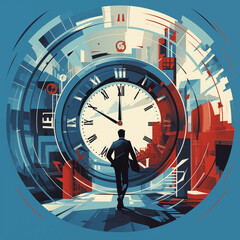 Businessman looking at clock. Time management concept. Vector illustration.