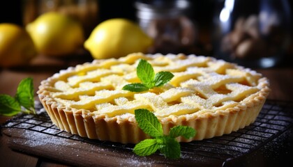 Scrumptious homemade lemon pie with a tangy citrus flavor on a charming rustic background - obrazy, fototapety, plakaty