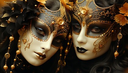 extravagant masquerade ball at venice carnival with colorful masks and elaborate costumes - obrazy, fototapety, plakaty