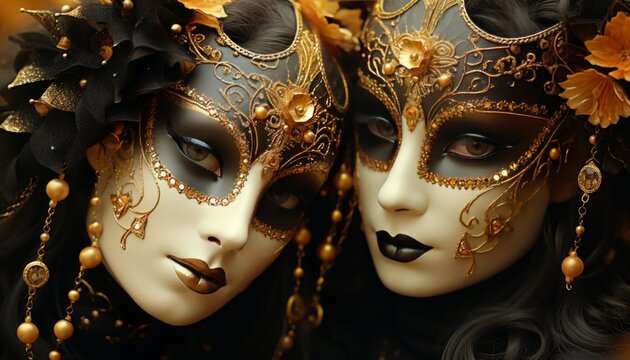 extravagant masquerade ball at venice carnival with colorful masks and elaborate costumes