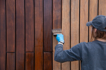 Handywoman applying protective varnish or paint with brush on wood fence wall cladding close up....
