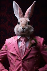 Obraz na płótnie Canvas Rabbit dressed in an elegant modern pink suit, tie and glasses. Fashion portrait of an anthropomorphic animal posing with a charismatic human attitude