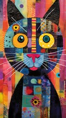 Colorful cloth collage artwork of a cat, contemporary art, home decoration of a cat.