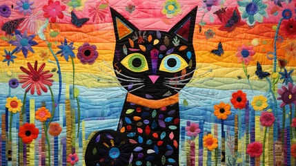 Colorful cloth collage artwork of a cat, contemporary art, home decoration of a cat.
