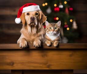 Fototapeta na wymiar Cat and dog Dressed up as Santa cuddling each other under a shiny sparkling Christmas tree, funny xmas animals banner.