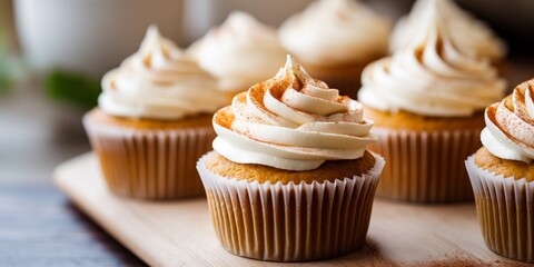 Pumpkin cupcakes on a white table topped with cream cheese frosting and dusted with cinnamon - Powered by Adobe