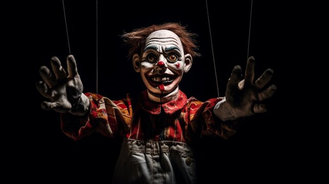 Scary puppet reaching out with the arm isolated on black background with copy space, creepy horror scene concept.