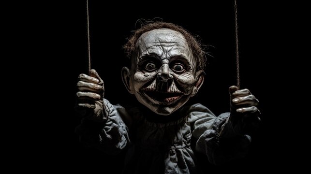 Scary puppet reaching out with the arm isolated on black background with copy space, creepy horror scene concept.