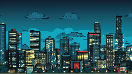 Night city vector illustration. Dark urban cityscape skyscrapers panorama