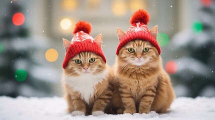 Two cute ginger cats dressed up with Christmas holiday costumes sitting together on blurred celebration holidays background, with copy space, funny holiday animal portraits.
