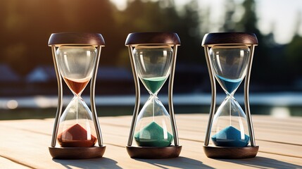 Sand falling in the three hourglass, concept of time running out, time flies.