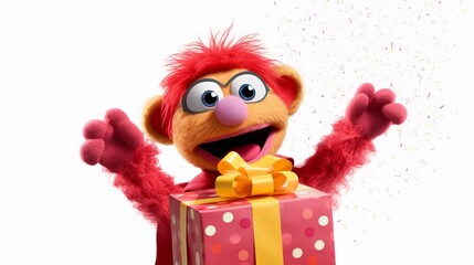 Obraz premium Joyful puppet happy with gift box decorated with ribbons isolated on white background.