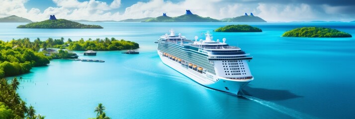 Aerial view of cruise ship sailing through a stunning south seascape with paradise islands - obrazy, fototapety, plakaty