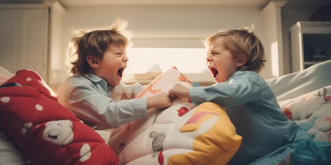 Poster Siblings having fight with pillows at home. Concept of conflict and family relation. © LeManna