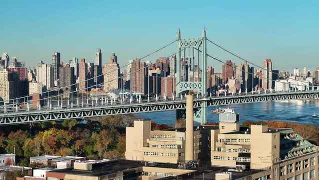 Aerial shot of the New York City skyline and the Triborough Bridge