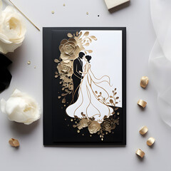 wedding makeup in white and gold tones, the creator of the wedding scene. an empty form, a place for your text. festive greeting card or postcard. the bride and groom.