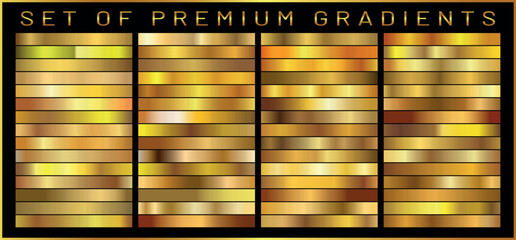 Gold gradient set background vector icon texture metallic illustration for frame, ribbon, banner, coin and label. Realistic abstract golden design seamless pattern. Elegant light and shine template