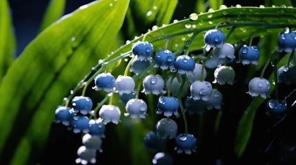 Kussenhoes Blue Lily of the valley with water drops on a black background. Convallaria majalis. Springtime Concept. Mothers Day Concept with a Copy Space. Valentine's Day. © John Martin