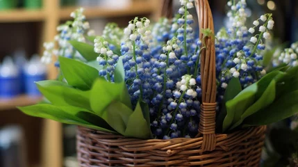 Fotobehang Lily of the valley in a wicker basket on a blurred background. Convallaria majalis. Springtime Concept. Mothers Day Concept with a Copy Space. Valentine's Day. © John Martin