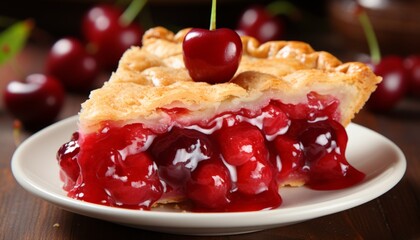 Scrumptious cherry pie with fresh red cherries on a charming rustic wooden background - obrazy, fototapety, plakaty