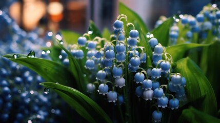 Lily of the valley bouquet in vase on blurred background. Convallaria majalis. Springtime Concept. Mothers Day Concept with a Copy Space. Valentine's Day.