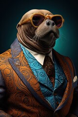 Walrus dressed in an elegant modern suit with a nice tie. Fashion portrait of an anthropomorphic animal, seal, posing with a charismatic human attitude