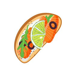 Healthy Sandwich with soft ricotta cheese, arugula, salmon, lime, olives on toasted bread. Top view Vector for menu, cafe, restaurant, poster, banner, sticker. Delicious Healthy breakfast or snack.