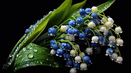 Foto op Canvas Lily of the valley on a black background with water drops. Convallaria majalis. Springtime Concept. Mothers Day Concept with a Copy Space. Valentine's Day. © John Martin