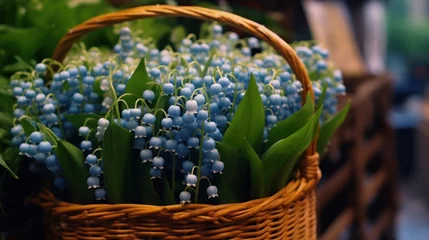 Deurstickers Lily of the valley in a wicker basket on a blurred background. Convallaria majalis. Springtime Concept. Mothers Day Concept with a Copy Space. Valentine's Day. © John Martin