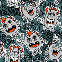 Grunge seamless pattern with cool monsters and graffiti text on blue background.  Print for boys