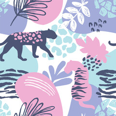 Seamless pattern with leopards, palm leaves, animal print. Creative texture for fabric, wrapping, textile, wallpaper, apparel. Vector illustration background © artlavi_design