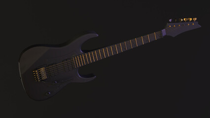 3D render of black and golden electric guitar isolated on dark background, Rock musical instruments,