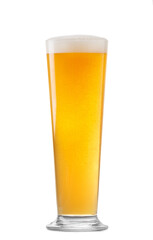 Glass of light beer with foam isolated on white background
