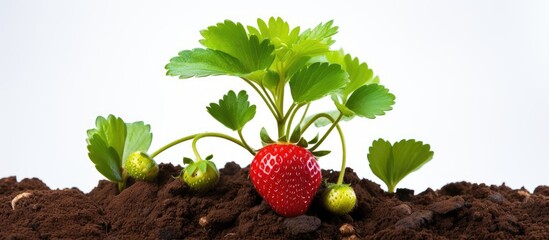 In the isolated white background of nature a ripe green strawberry plant thrived in rich soil displaying its vibrant fruit as a delicious testament to its surroundings