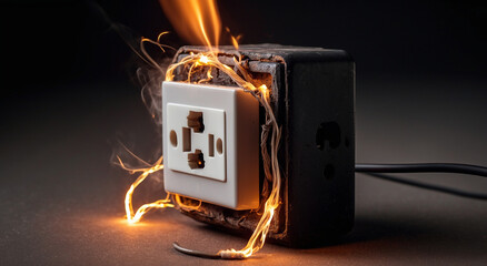 An electrical socket with sparks and flame, concept of short circuit in an isolated dark background - AI Generative - obrazy, fototapety, plakaty