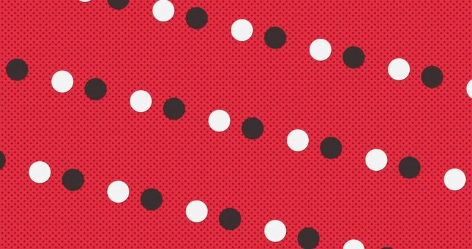 2 circles rotating back and forth in loop animation over duotone red color background. Abstract flat animated pattern motion graphics background.